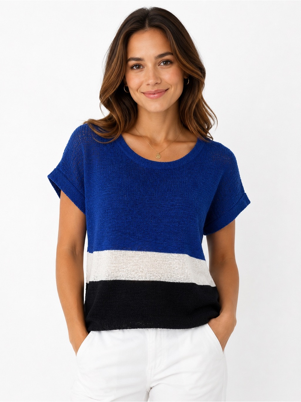 Colorblock Short Sleeve Knit Top in Royal Blue, White & Black - 0591